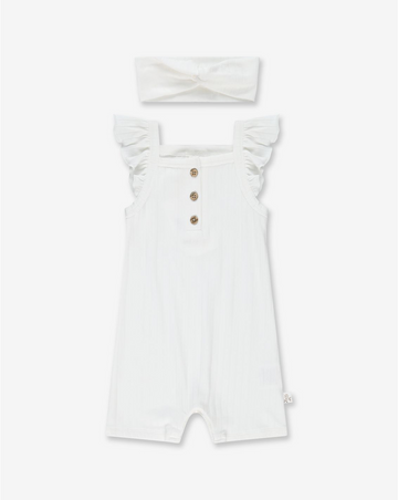 Baby Girl Flared Sleeves Overall & Hair Band RIB2 - Cream